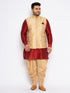 Vastramay Men's Plus Size Rose Gold Woven Nehru Jacket With Maroon Kurta And Rose Gold Dhoti Set